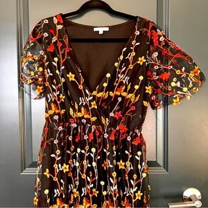 Baltic Born Black Maxi Dress with Red, Orange & Yellow Floral Embroidery